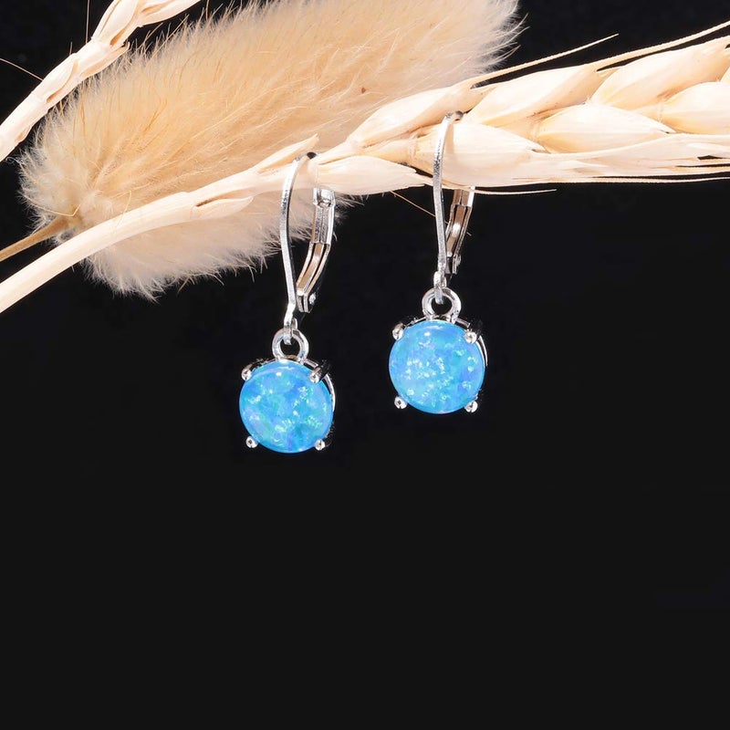 CiNily Round-Cut Opal Dangle Earrings, Blue Fire Opal Rhodium Plated Women Jewelry Leverback Gemstone Drop Earrings - Image 4